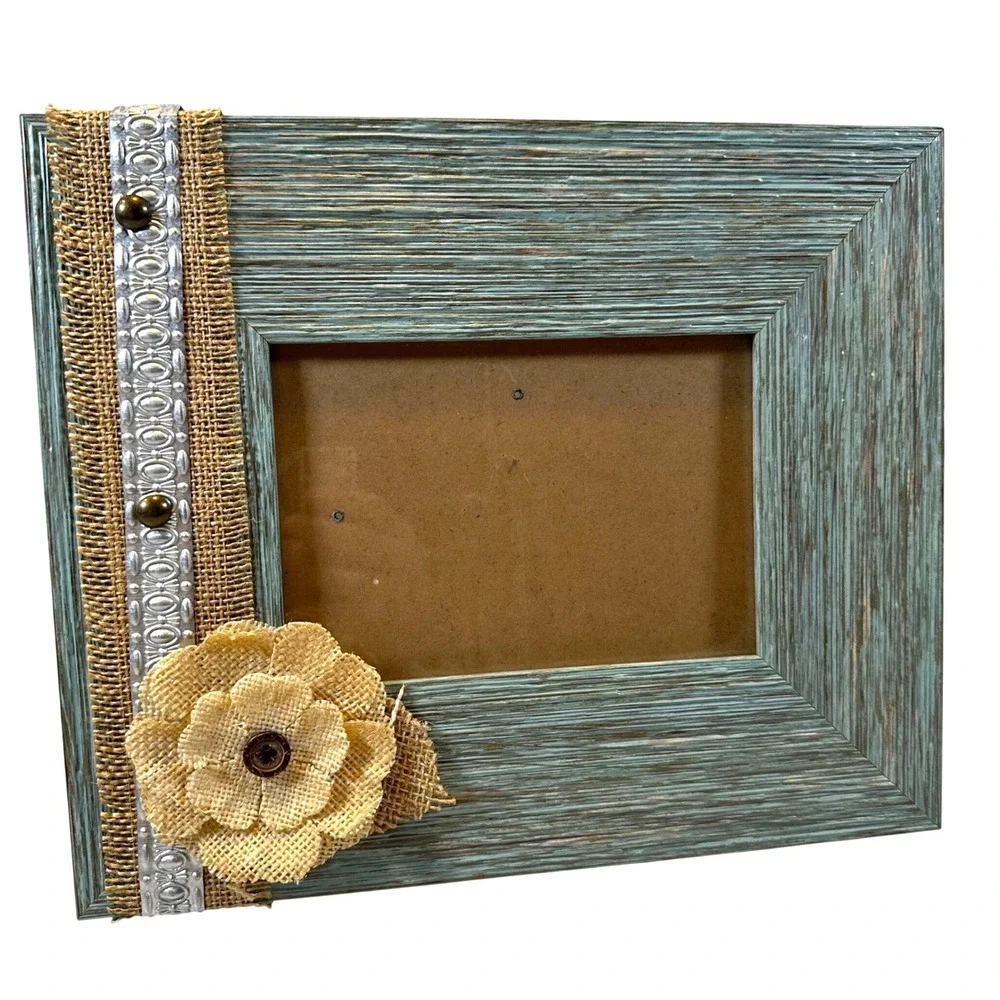 Farmhouse Aqua Distressed Wood Picture Frame 5x7 Photo Shabby Chic Burlap Floral